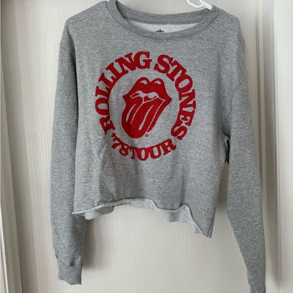 Rolling Stones Gray and Red Cropped Crew Neck Sweater - Picture 1 of 2